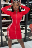Print Zip Up Long Sleeve Mini Bodycon