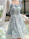 Blue Floral Dress Women Summer Bandage Sexy Party Mini Dresses Female Designer Chic Holiday Korean Fashion Strap