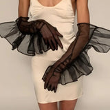 Solid Color Mesh Transparent Over Finger Fashion Gloves 319-0-Outfit