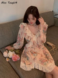 Floral Sexy Dress Women Elegant Party Mini Dresses Female Designer Chic Lace V- Neck Korean Fashion Casual Dress 2022