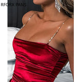 Women Solid Spaghetti Rhinestone Straps Folds Bodycon Sexy Mini Party Red Dress-Outfit