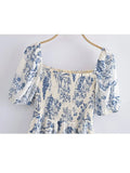 2023 Summer Women Vintage Fruit Floral Print Square Neck Puff Sleeves Elastic Sexy Side Slit Long Midi