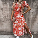 Summer Long Dress High Split Floral Print V Neck Puff Sleeve Dress Spring Short Sleeve A-Line Beach Midi Dress