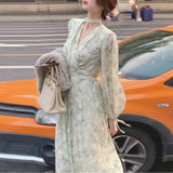 Vintage Floral Dress Women Elegant Print Slim Party Midi Dress Female Temperament Korean Style Designer Fairy Dress