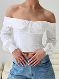 Elegant Women Lace Flowers Hollow Out Shirts Crop Tops Long Sleeve Slash Neck Off Shoulder Ruffles Solid Blouses 2023-Outfit