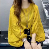 Loose Solid Color Blouse Women's Clothing Fashion Round Neck Commute Button Summer All-match Nine Quarter Sleeve