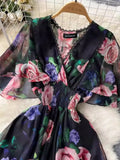 V-Necked Print Chiffon Dress Shows Lean Lotus Leaf Edge Short-Sleeved Waist First Love Fairy Skirt-Outfit