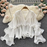 Spring Autumn Women Irregular Ruffle Draped Tops Female Elegant V-Neck Flare Long Sleeve Short Tops Vintage Blouse New Blusas 618-1-Outfit