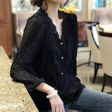 Wind Solid Color Lace Spliced Shirt Spring Autumn Long Sleeve Women's Hollow Out Chic Pearl Button Korean V-Neck