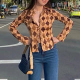 Graduation party gift V Neck Long Sleeve T Shirts Women Brown Houndstooth Print Autumn Vintage Fashion Casual Sexy Crop Top E Girl Harajuku