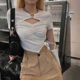 Street Short Sleeve T-shirt Women Harajuku Summer Hollow Out Slim Design Ins Korean Style Above Navel Cropped Top All-match-Outfit