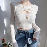 Spring Women Solid Short T-Shirts Sexy Crop Top Long Sleeve Bandage Tee Tops Female Backless Fake Two Tshirt Korean Clothes-Outfit