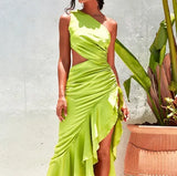 Summer Beach Boho Dress for Women Diagonal Collar Ruffles Cut Out Side Split Green Sexy Party Midi Dress Vestidos