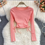 Women Fashion Korean Blouse Design Hollow Waist Long Sleeve O Neck Slim Tops Autumn Chic Streetwear Short Blouses