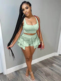 Summer Clothes Streetwear 2 Two Peice Set Outfits Tracksuit Women Sleeveless Crop Top Ruffles Shorts Black Matching