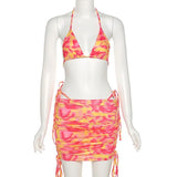 Mesh Long Sleeve Crop Top Mini Skirts Two Piece Holiday Matching Set Print Fashion Outfits See Through Y2K Bodycon