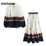 Women 2 Piece Set Elegant Tie Dye Printed Batwing Long Sleeve Turn Down Shirts Tops With High Waist A Line Midi