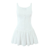 Sexy White Embroidery Lace Low Waist Mini Tank Dress Women Open Buttons Neck Bodycon Sleeveless Ruched Hem Swing Party Robe-Outfit