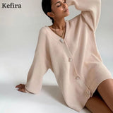 2021 V Neck Cardigan For Women Knitted Long Sleeve Sweater Oversize Cardigan Autumn Winter Button Loose Casual