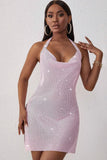 Sexy Pink Sparkling Sequins Halterneck Sleeveless