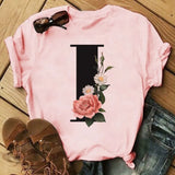 Letter Alphabet A-Z Women T-Shirts Fashion Breathable Flowers Short Sleeve Casual Tops Couple Basic Tee Crew Neck Clothes
