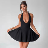 Spring And Summer New Sexy Deep V Hanging Neck Dress Solid Color Sleeveless Waist Thin Dress
