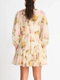 Ruched Slim Print Dresses For Women Stand Collar Long Sleeve Spliced Lace Up A Line Mini Dress Female Casual Spring