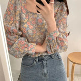 Sweet Young Style Floral Square Collar Shirt Spring Autumn Fashion New Long Sleeve Loose Female Printed Vintage