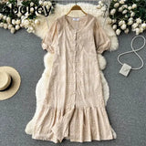 Hollow Out Women Fashion Long Dress Short Sleeve High Waist Lady Bodycon Dresses Chic Korean Vestidos Solid