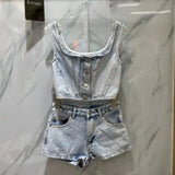 Vintage Two Piece Set For Women Square Collar Sleeveless Tops High Waist Shorts Denim Sets Female Summer