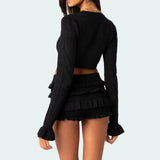 Women Shorts Outfits Solid Color O-Neck Flare Long Sleeve Knit Sweater Crop Tops+Layered Ruffles Shorts 2 Pieces Set-Outfit