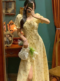 Floral Print Dress Women Elegant Bandage Midi Dresses Female Puff Sleeve Square Collar Korean Fashion Yellow Dress