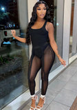 Sexy Sleeveless High Waist Solid Mesh Skinny Two Piece Pants