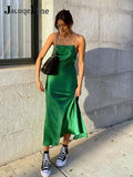 2022 Backless Y2K Green Midi Satin Sexy Dress Woman Summer Sleeveless Elegant Club Bodycon Dresses For Women