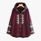Autumn Winter New Vintage Boho Hooded Single-Breasted Ethnic Style Printed Long-Sleeved Loose Mid-Length Coat