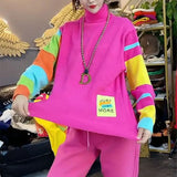 Candy Color Spliced Jumpers Women's Clothing Casual Half High Collar Autumn Winter Chic Letter Patch Designs Sweaters-Outfit