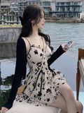 Print Long Sleeve Knit Cardigan Crop Coat Two-piece Dress Ladies Drawstring Floral V-neck French Suspender Robe Suit