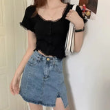 Salt Gentle Lace Short-Sleeved T-Shirt Knit New Comfortable Small High-Waist Short