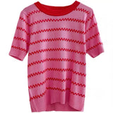 Ice Silk Striped Knitted Short-Sleeved T-Shirt For Women's 2025 Summer New High-Waisted Loose Bubble Sleeve Short