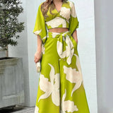 2023Womens Autumn Multicolor Printing Temperament Commuting High Waist Sexy Lace Up Fashion Casual Set Femme Sexy Disfraz