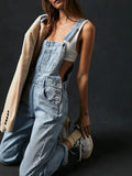 Women Vintage Retro Denim Long Jumpsuit Casual Spaghetti Strap Straight Romper Pants Summer Baggy Bib Overalls-Outfit