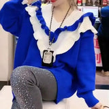 Solid Color Ruffles Spliced Sweaters Women's Clothing Korean Long Sleeve Autumn Winter Elegant V-Neck Knitted