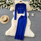 Fragrant High-Sense Metal Buckle Repair Short Long-Sleeved Knitting Top Female High-Waisted Hip Skirt