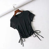 Side Drawstring Tie Up Ruched Tank Tops Women Solid Color Slim Crop Top Ladies Streetwear Ribbed Knitted Tees 2023-Outfit