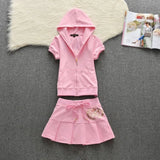 Set Hooded Zipper Top And Skirts Women Sweet Style Short Sleeve Femmel Two Piece Set S-XL Pink Color Cute