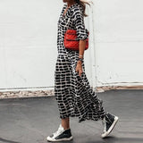 Loose Oversized Chiffon Dress Women Casual Chic Print Long Maxi Dresses V Neck Long Sleeve Korean Dress Vestido