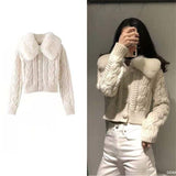 Women Autumn Long Sleeved Hoodie Cardigan Fluffy Plush Patchwork Pompom Drawstring Sweater Coat Solid Color Slim White