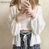 Women White Knitting Elegant Japanese Style Lantern Sleeve Lace Up Sun-proof Loose All-match Female Outerwear