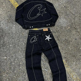 Devil Island Denim Suit High Street Western Denim Jacket Baggy Jeans Trend Card-Outfit