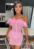 Sweet Strapless Solid Feathers Trim Skinny MiniTwo Piece Skirt
